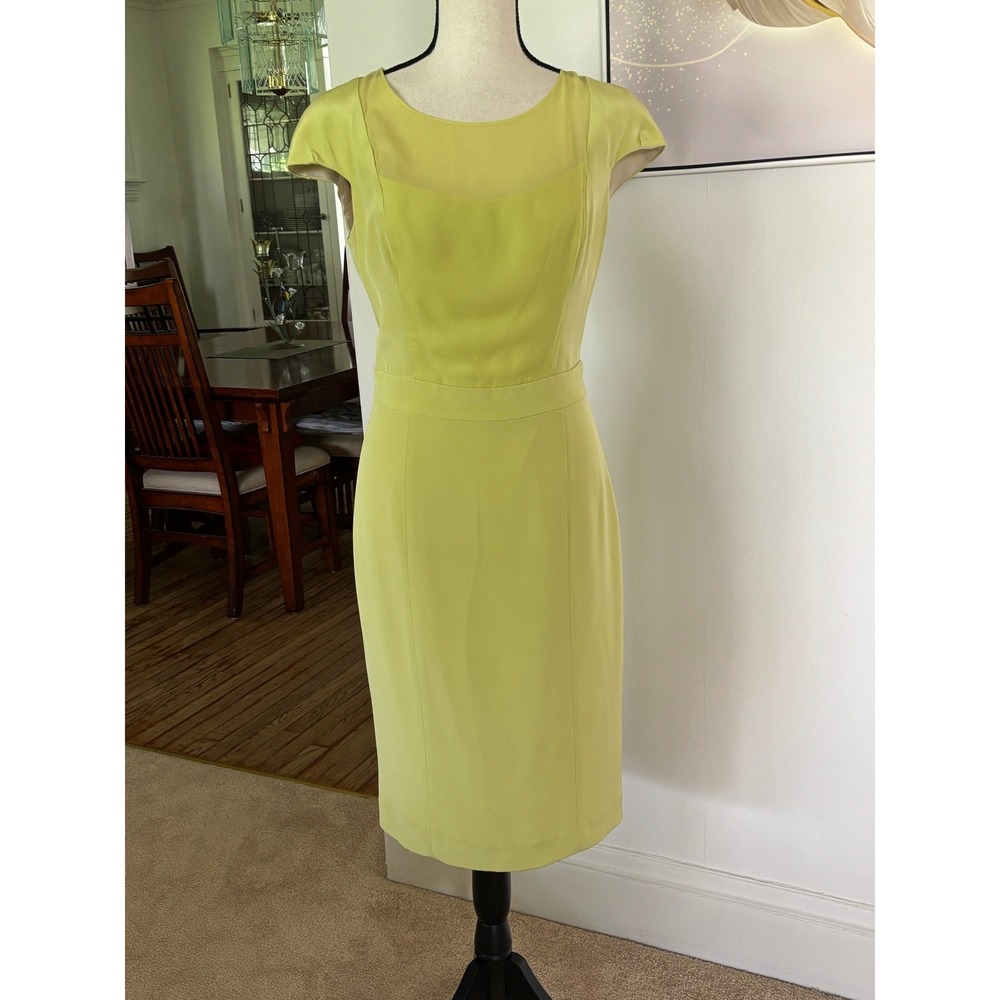 Cabe New York Chartreuse 100% Silk Open Back Illusion Sheath Dress Sz 8